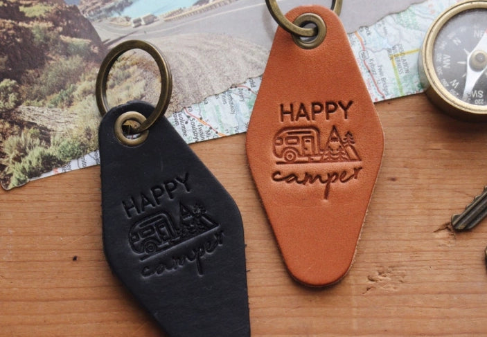 Happy Camper Motel Leather Keychain Key Fob