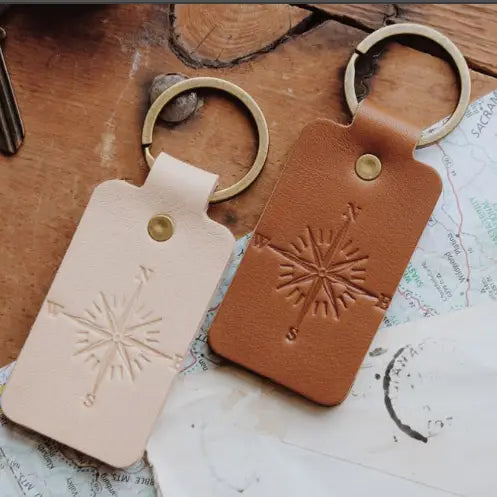 Compass Leather Keychain Key Fob